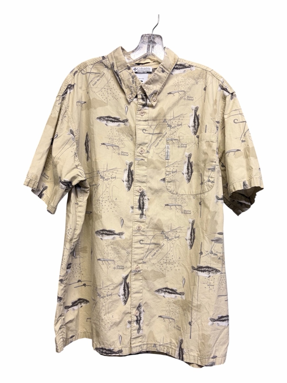 Columbia Men’s Short-Sleeve Button-Up Fishing Print Shirt - Tan & Black
